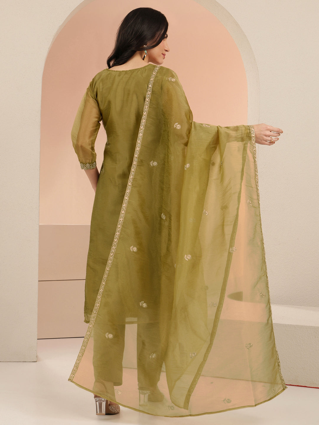  Libas Henna Yellow Paisley Embroidered Organza Straight Suit Set 