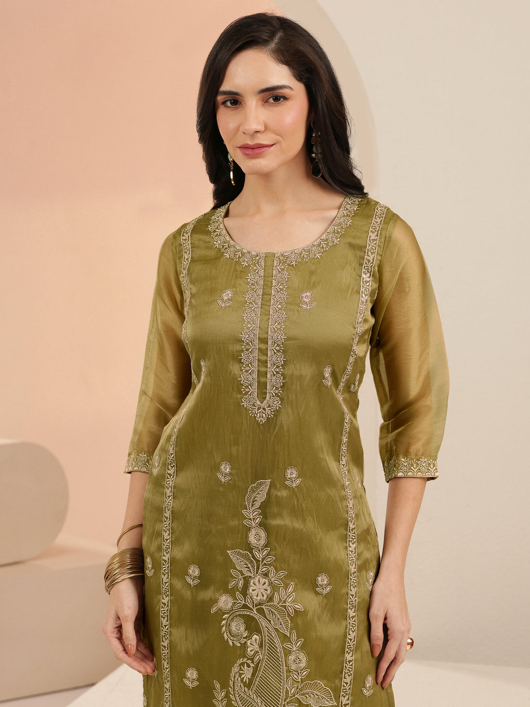  Libas Henna Yellow Paisley Embroidered Organza Straight Suit Set 