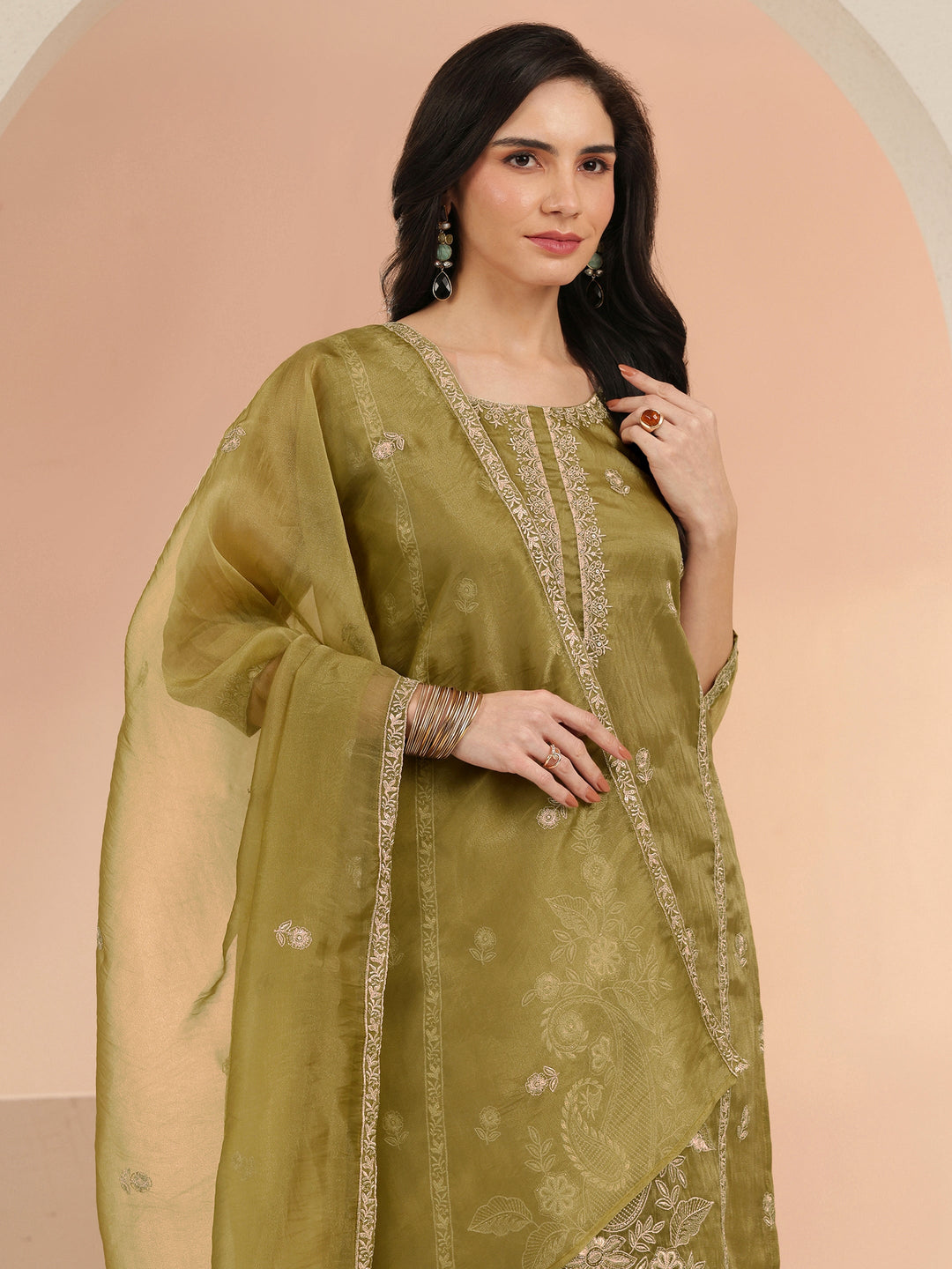  Libas Henna Yellow Paisley Embroidered Organza Straight Suit Set 
