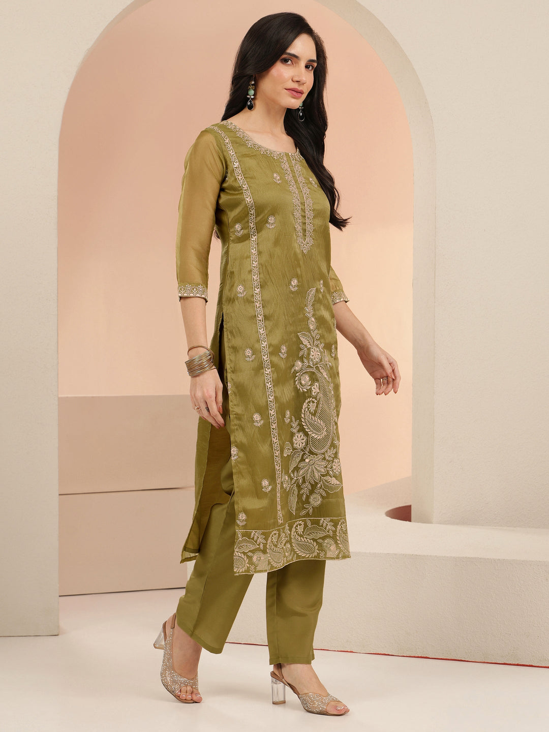  Libas Henna Yellow Paisley Embroidered Organza Straight Suit Set 