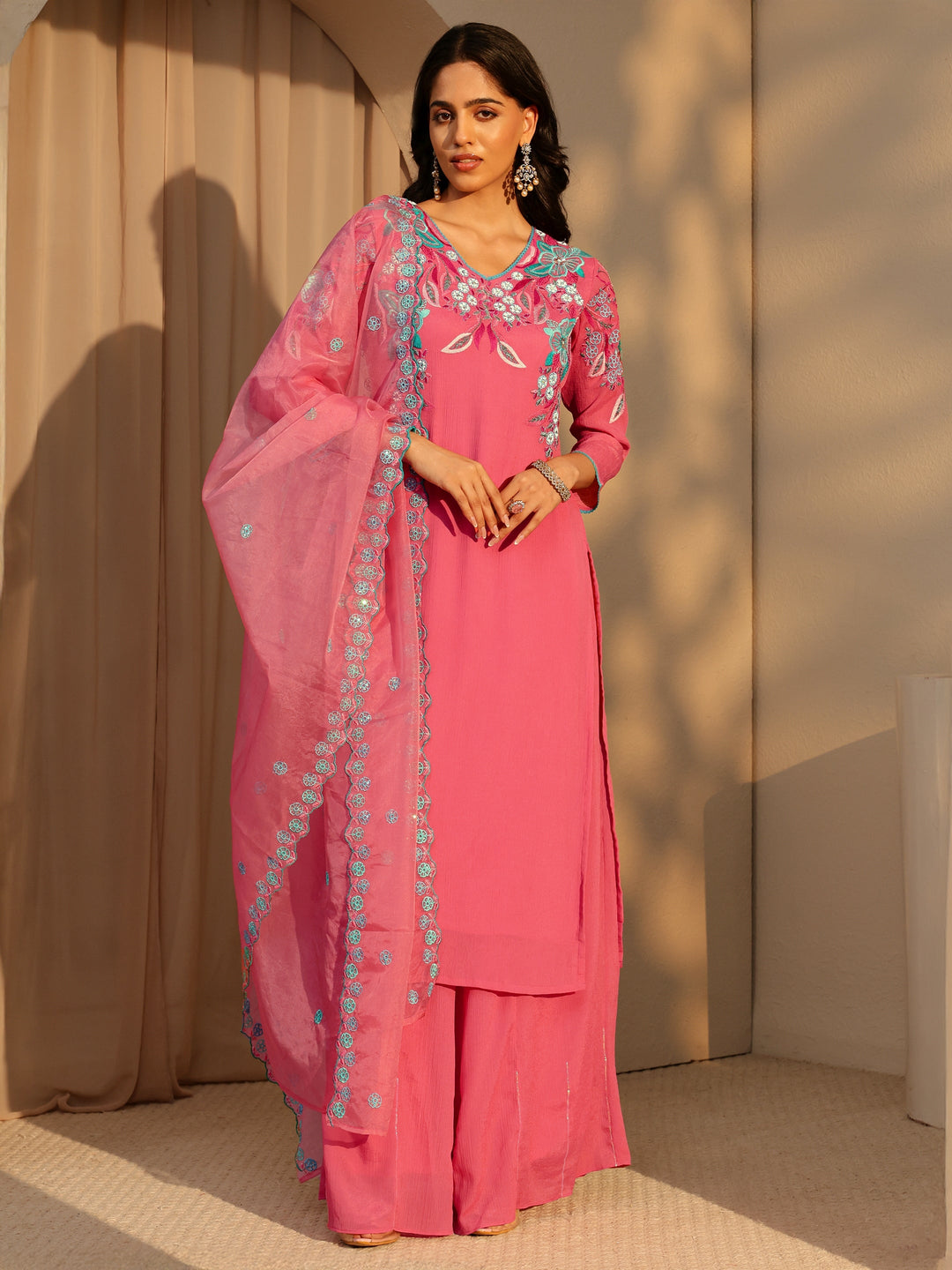  Coral Floral Embroidered Chinon Palazzo Suit Set 