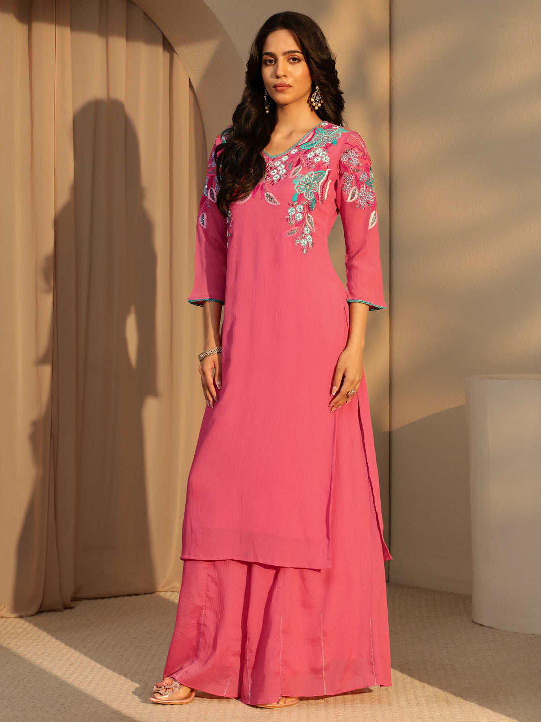  Coral Floral Embroidered Chinon Palazzo Suit Set 