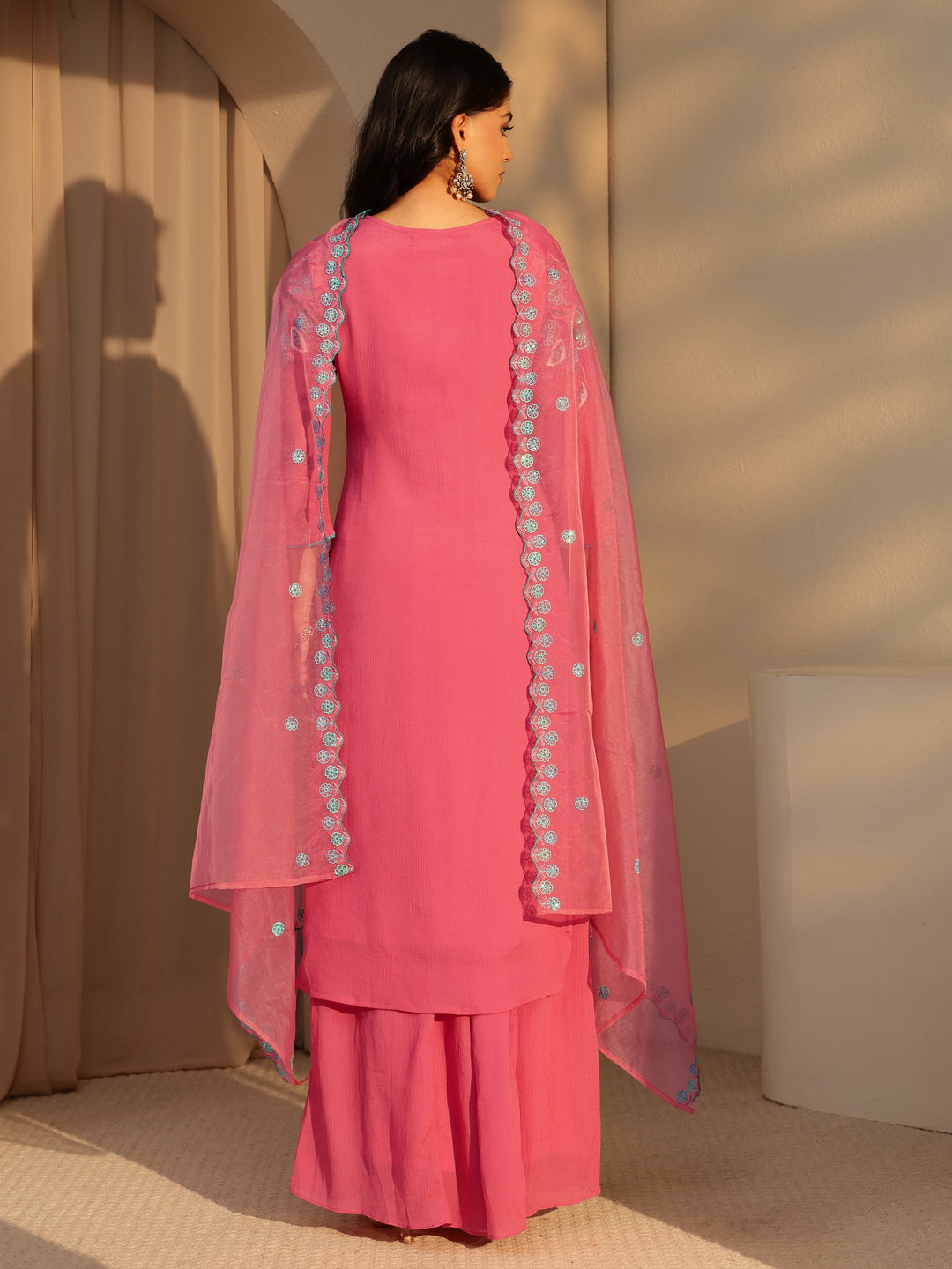  Coral Floral Embroidered Chinon Palazzo Suit Set 