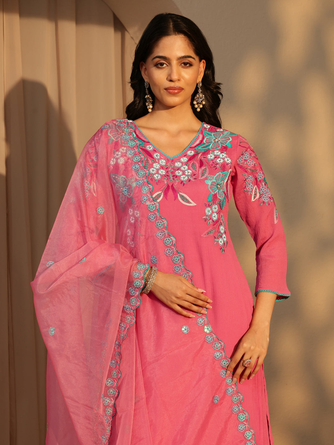  Coral Floral Embroidered Chinon Palazzo Suit Set 