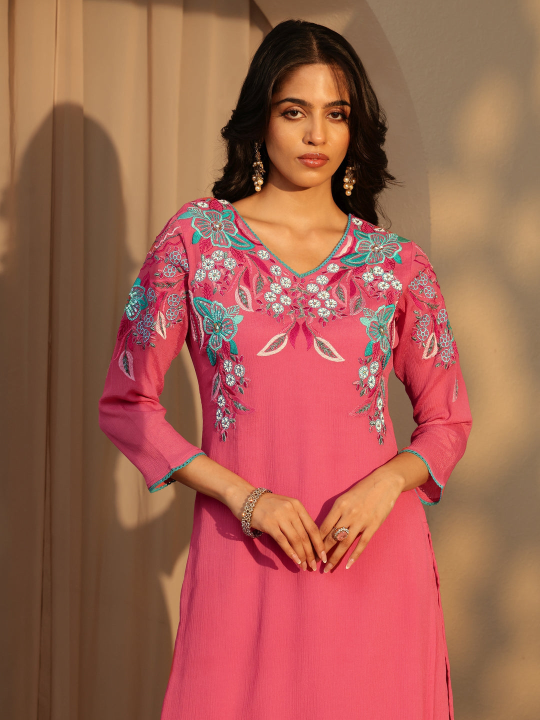  Coral Floral Embroidered Chinon Palazzo Suit Set 