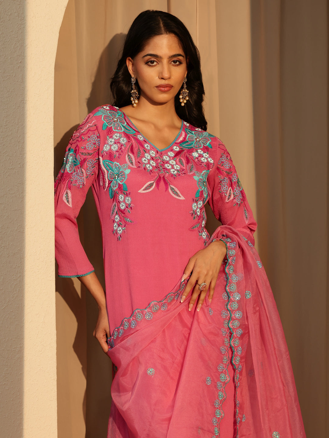  Coral Floral Embroidered Chinon Palazzo Suit Set 