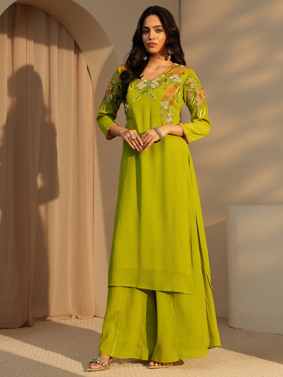  Green Floral Embroidered Chinon Palazzo Suit Set 