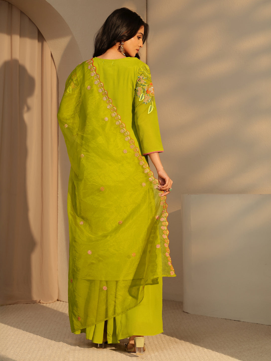  Green Floral Embroidered Chinon Palazzo Suit Set 