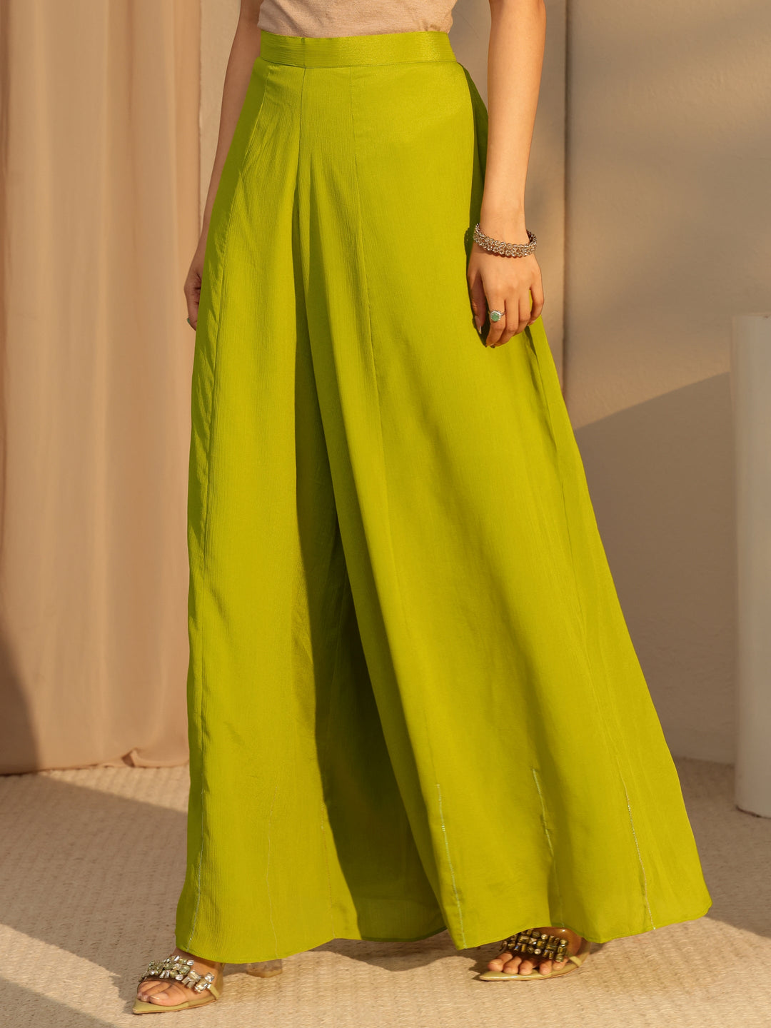  Green Floral Embroidered Chinon Palazzo Suit Set 
