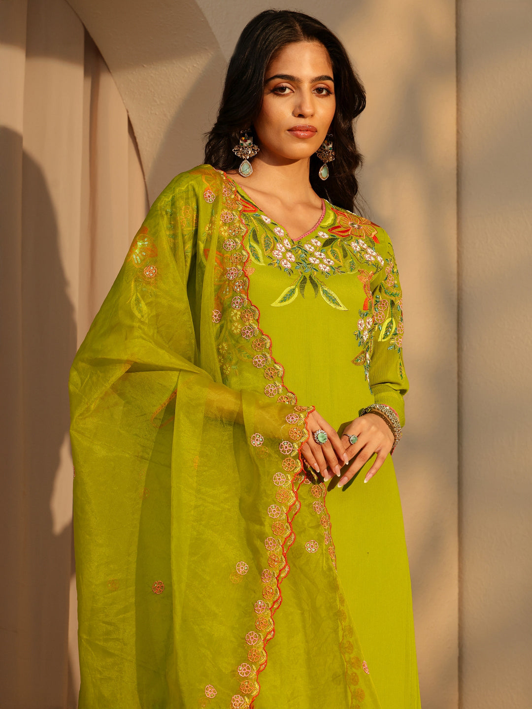  Green Floral Embroidered Chinon Palazzo Suit Set 