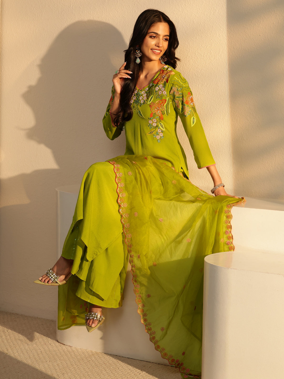  Green Floral Embroidered Chinon Palazzo Suit Set 