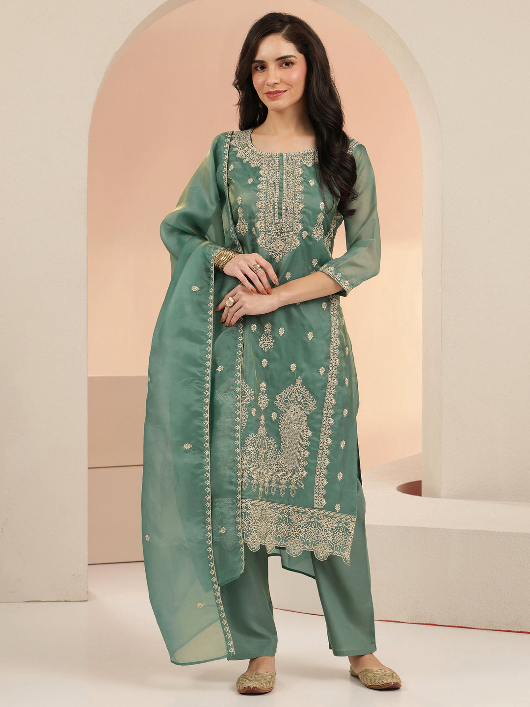  Libas Sea Blue Embroidered Tissue Straight Suit Set 