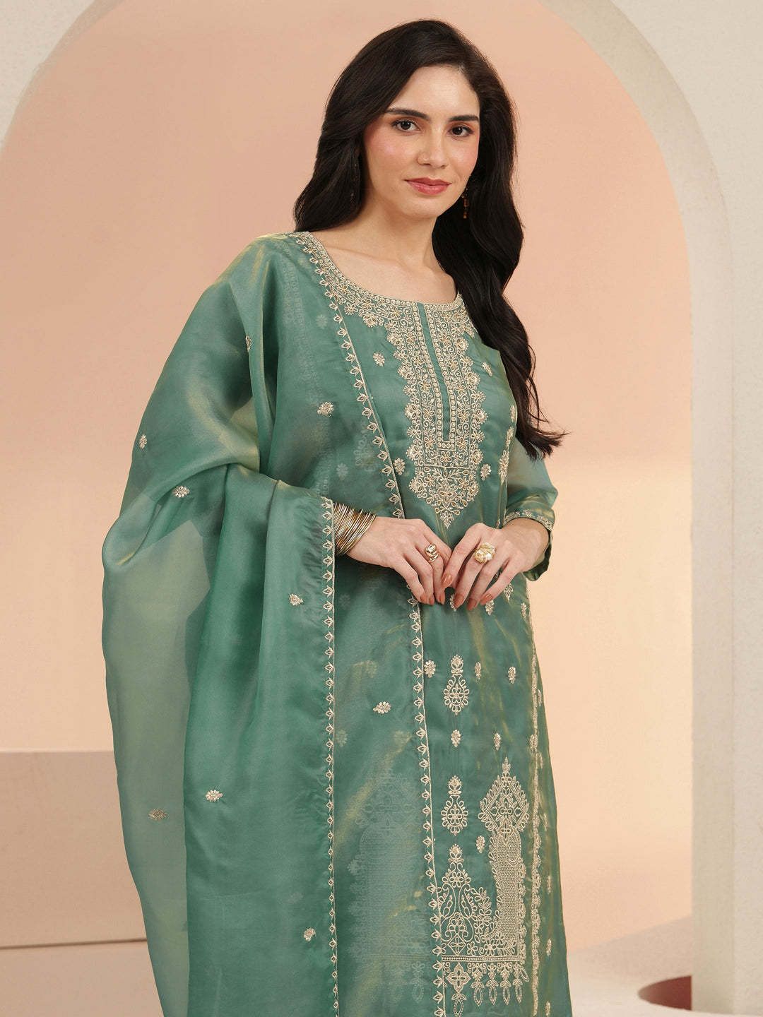  Libas Sea Blue Embroidered Tissue Straight Suit Set 