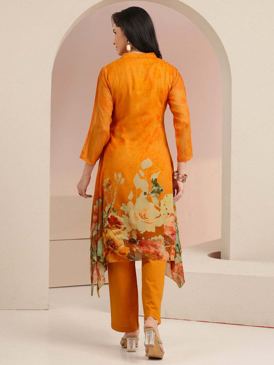  Libas Orange Floral Printed Chiffon High Low Kurta Set 