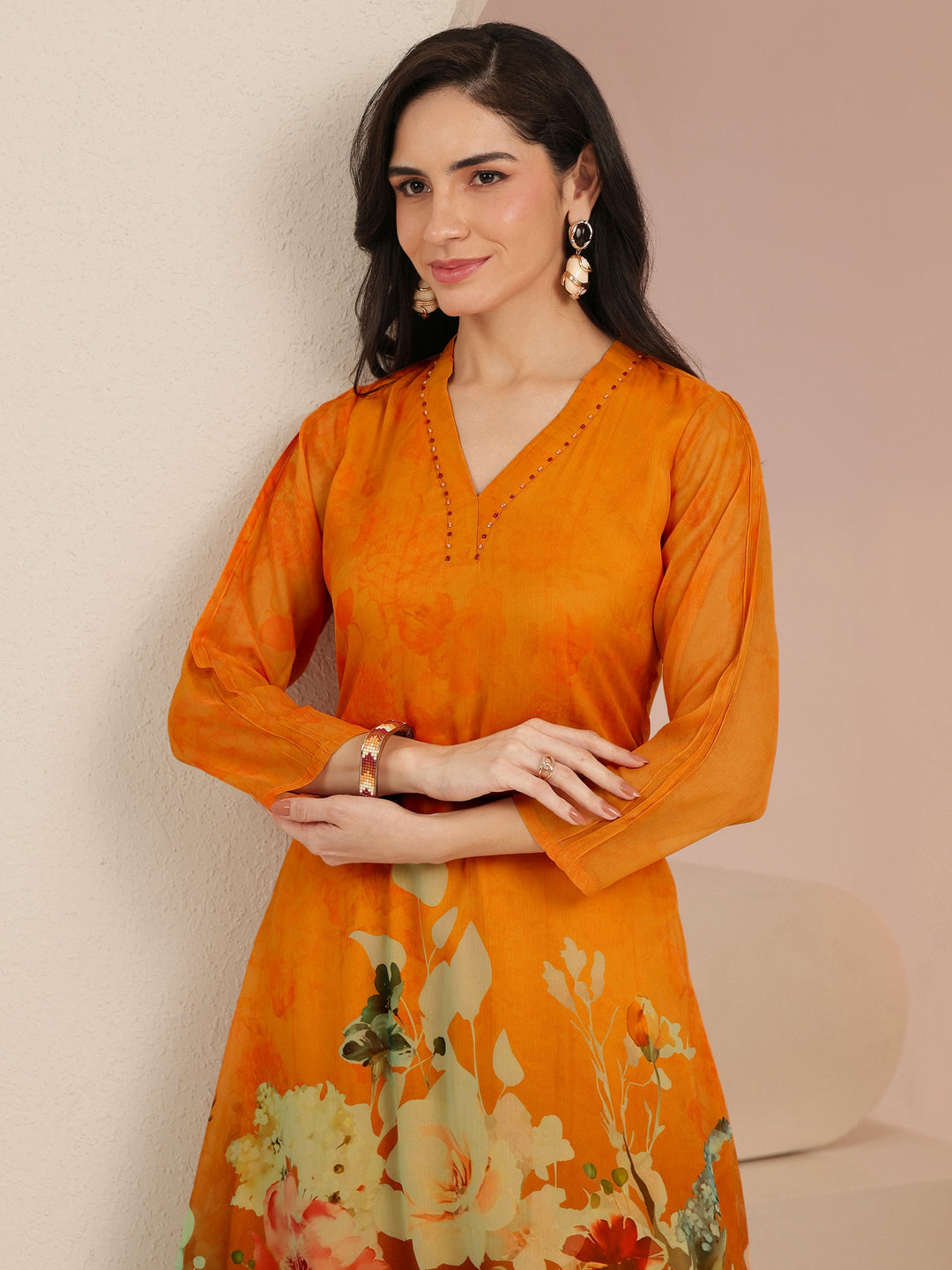  Libas Orange Floral Printed Chiffon High Low Kurta Set 