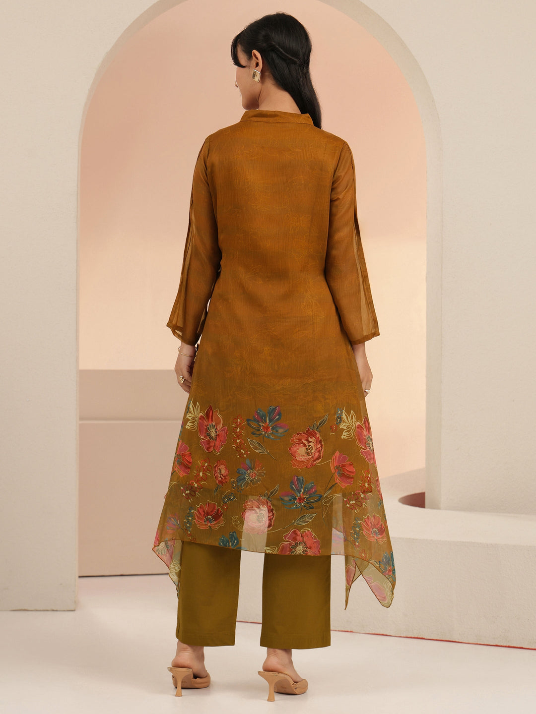  Libas Brown Floral Printed Chiffon High Low Kurta Set 