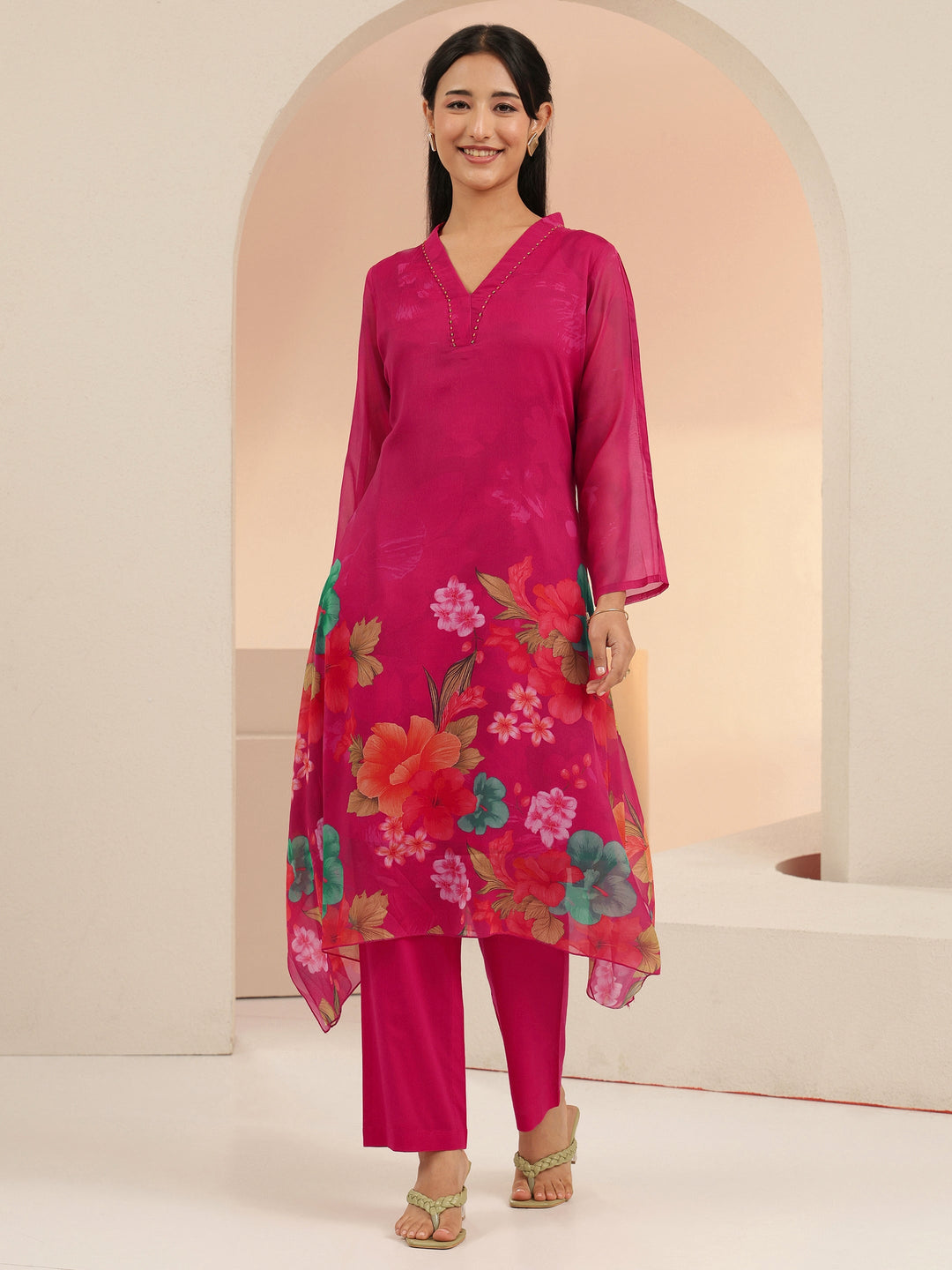  Libas Fuchsia Pink Floral Printed Chiffon High Low Kurta Set 