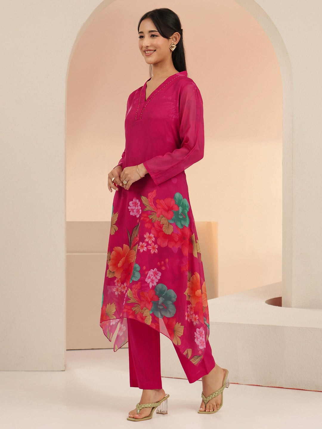  Libas Fuchsia Pink Floral Printed Chiffon High Low Kurta Set 