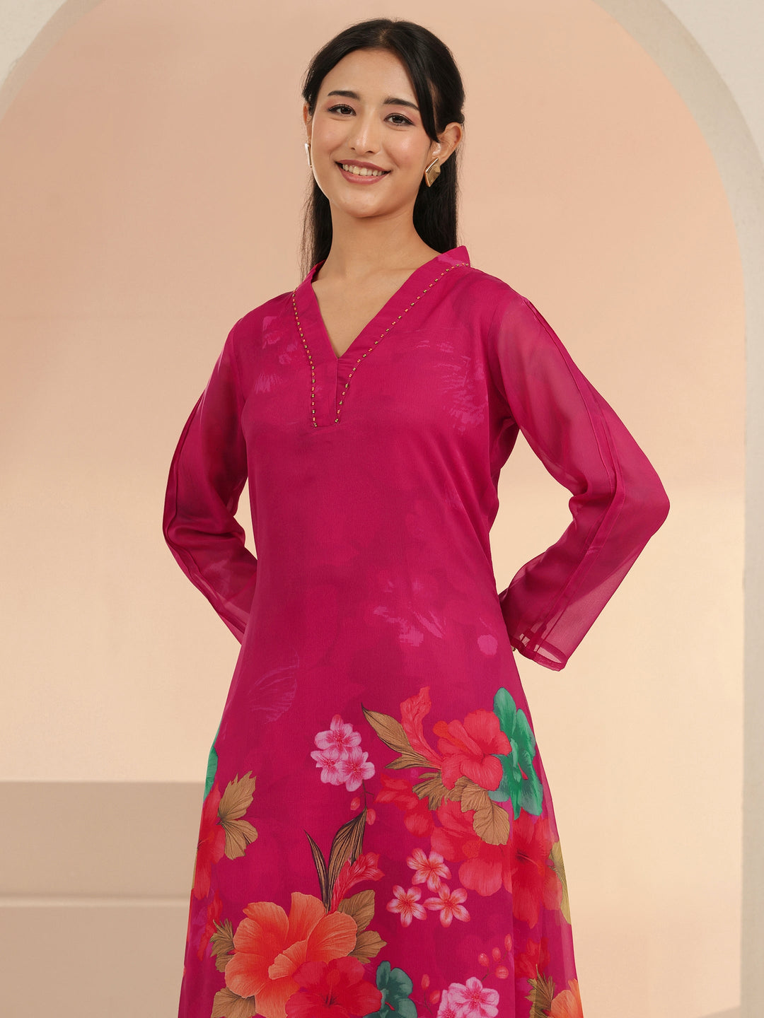  Libas Fuchsia Pink Floral Printed Chiffon High Low Kurta Set 