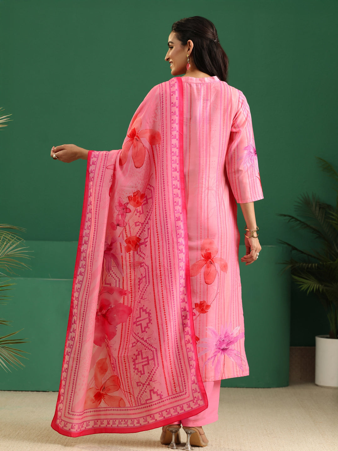  Libas Pink Floral Printed Muslin A-Line Suit Set 