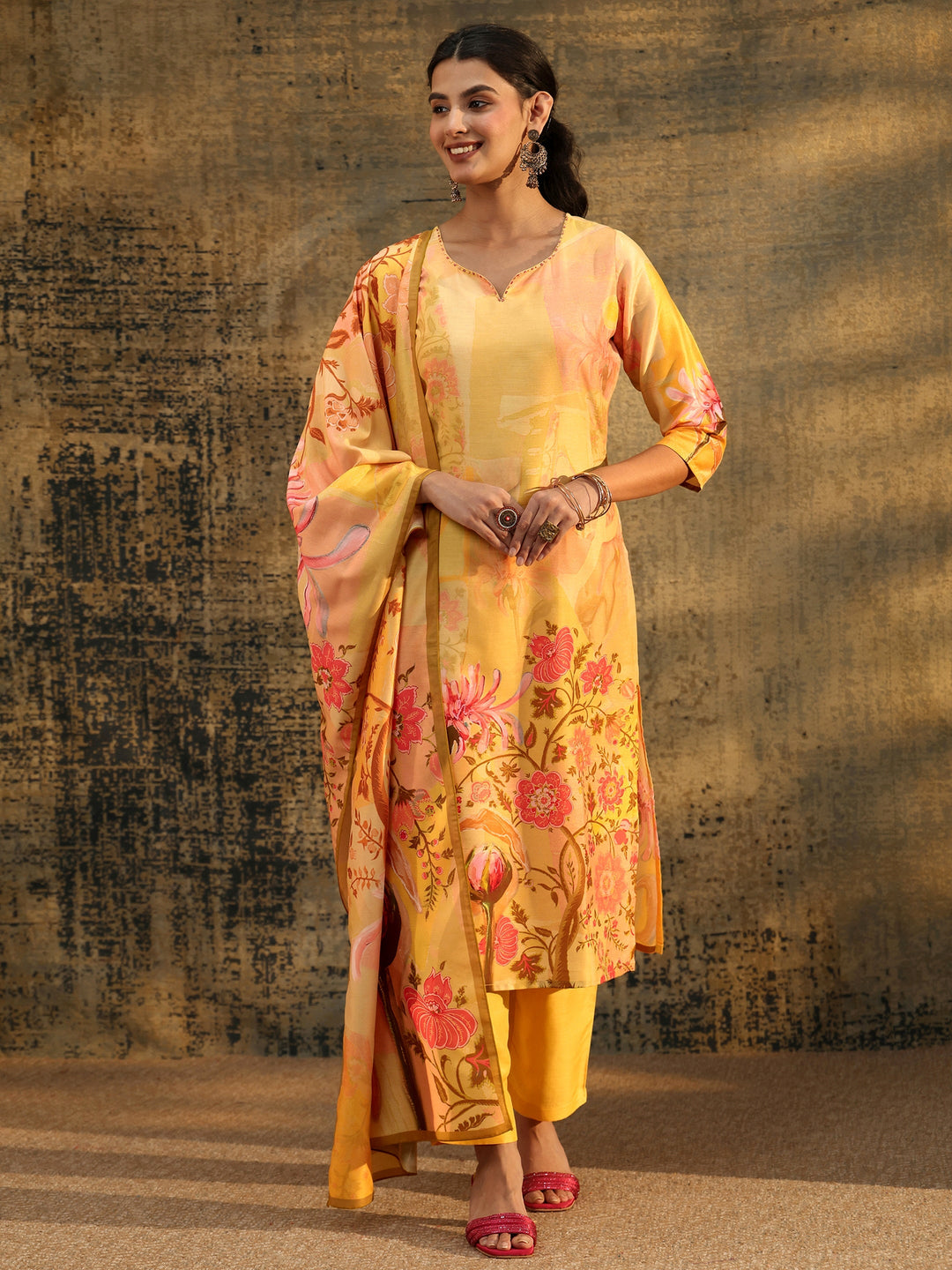  Libas Mustard Floral Printed Muslin Straight Suit Set 