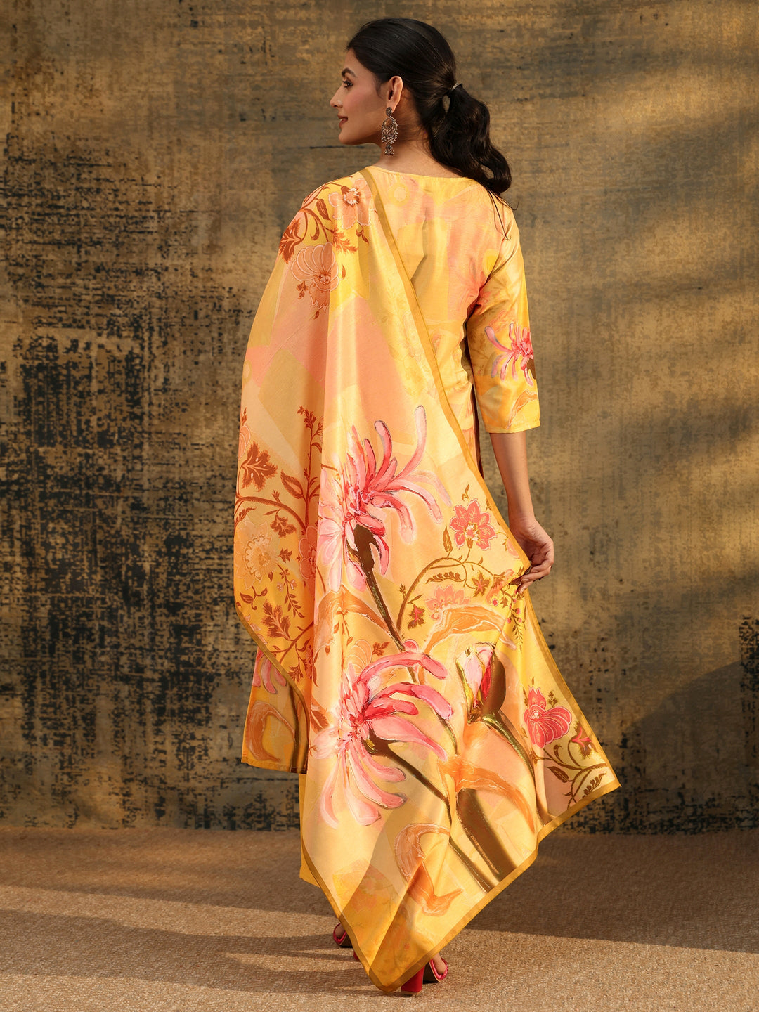  Libas Mustard Floral Printed Muslin Straight Suit Set 