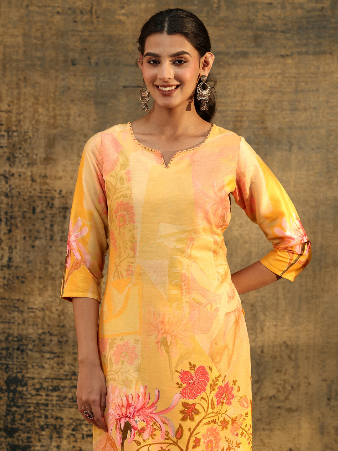  Libas Mustard Floral Printed Muslin Straight Suit Set 