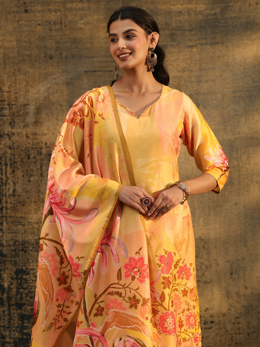  Libas Mustard Floral Printed Muslin Straight Suit Set 