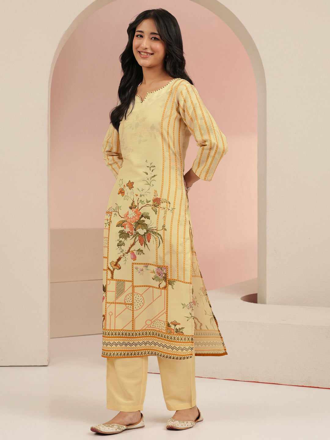  Libas Beige Floral Print Muslin Straight Suit Set 