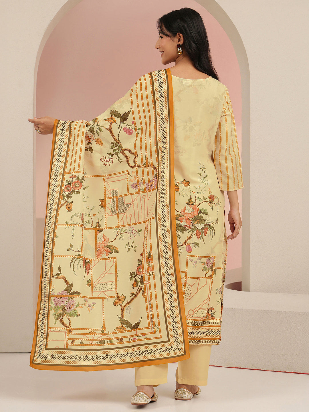  Libas Beige Floral Print Muslin Straight Suit Set 