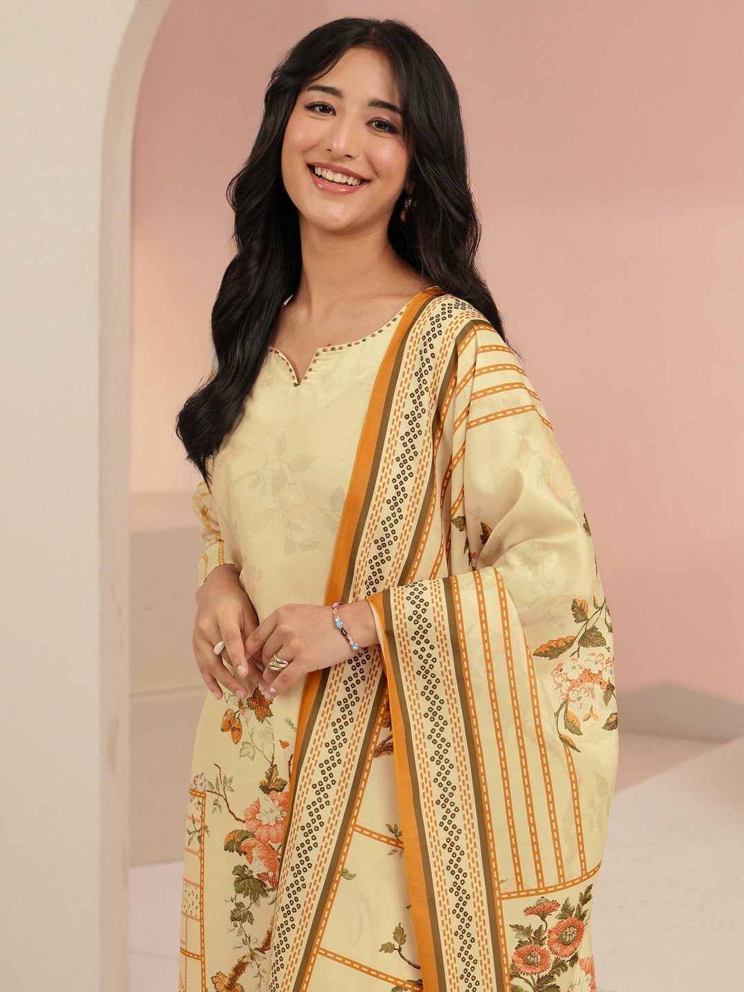  Libas Beige Floral Print Muslin Straight Suit Set 