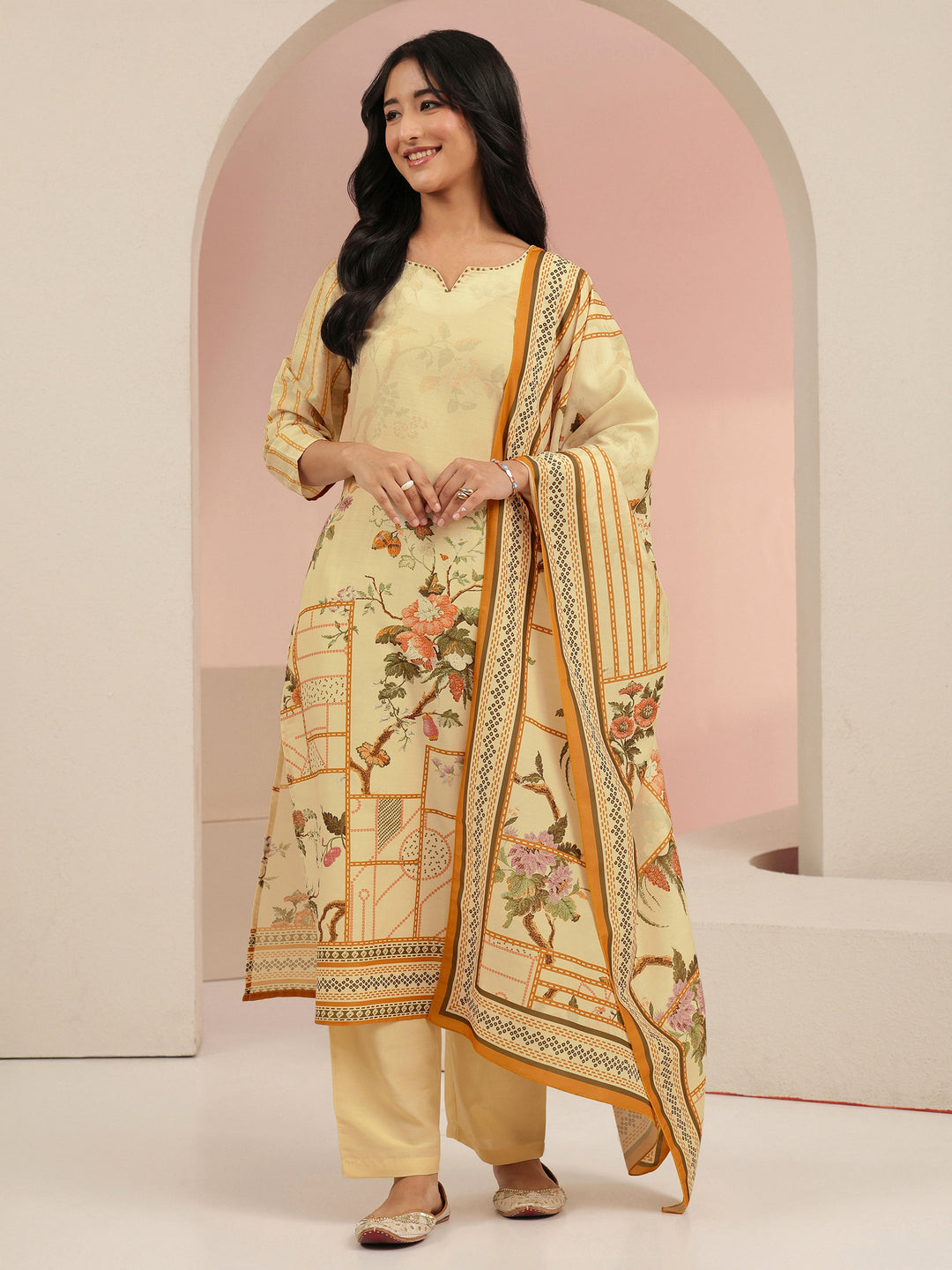  Libas Beige Floral Print Muslin Straight Suit Set 