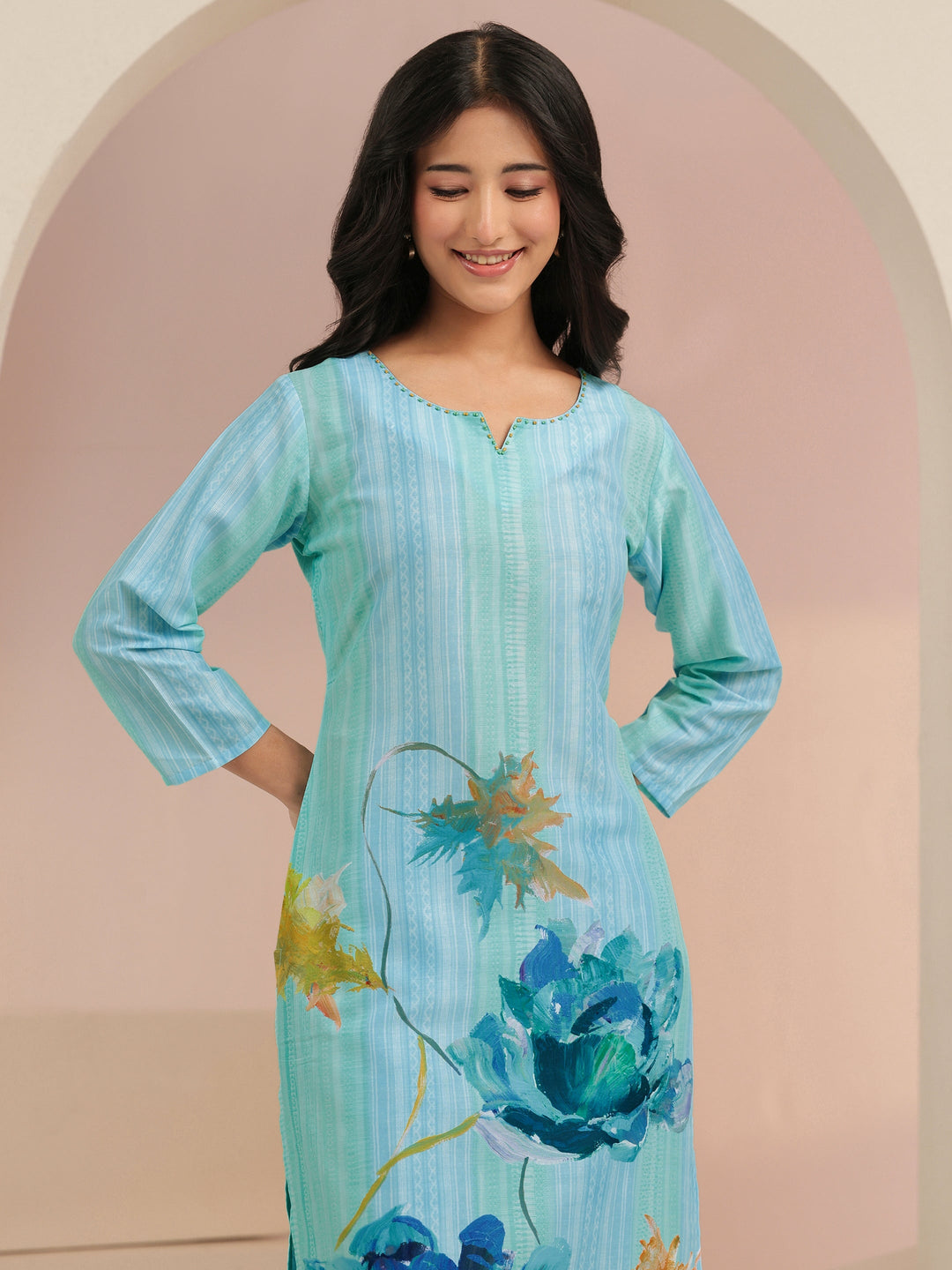  Blue Floral Printed Muslin Straight Suit Set 
