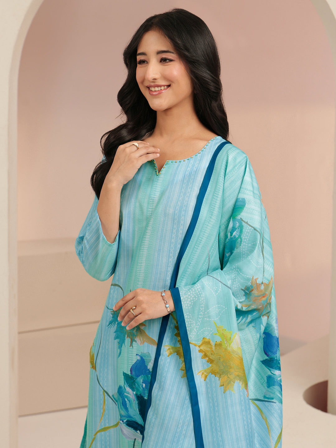  Blue Floral Printed Muslin Straight Suit Set 