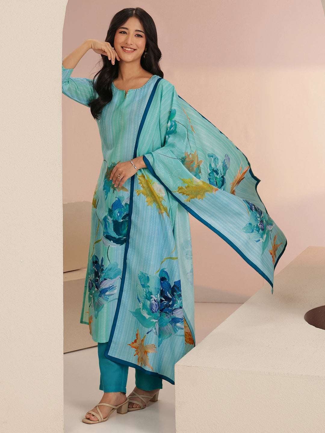  Blue Floral Printed Muslin Straight Suit Set 