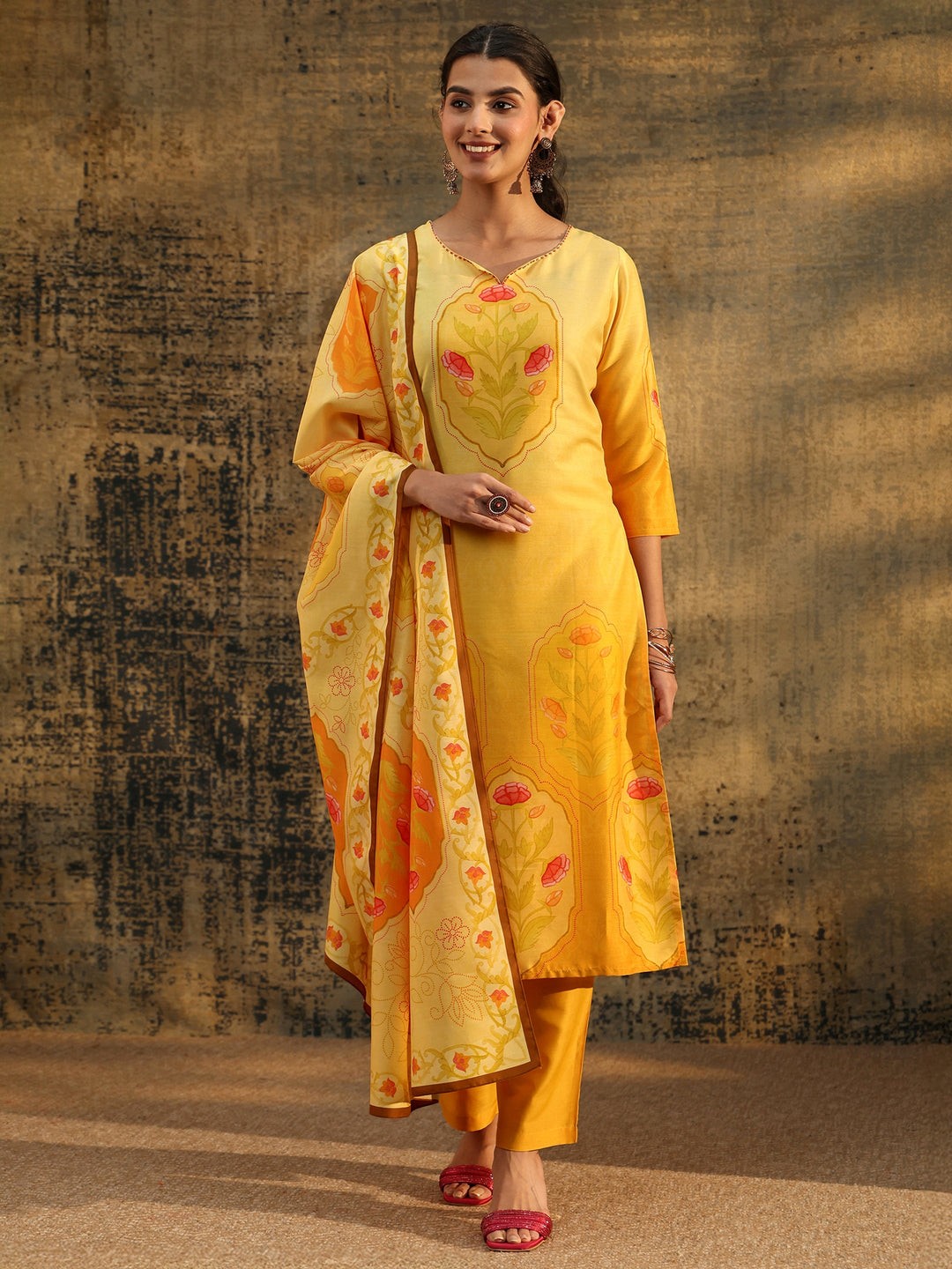  Libas Mustard Floral Printed Muslin Straight Suit Set 