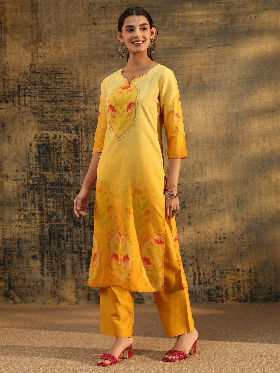  Libas Mustard Floral Printed Muslin Straight Suit Set 