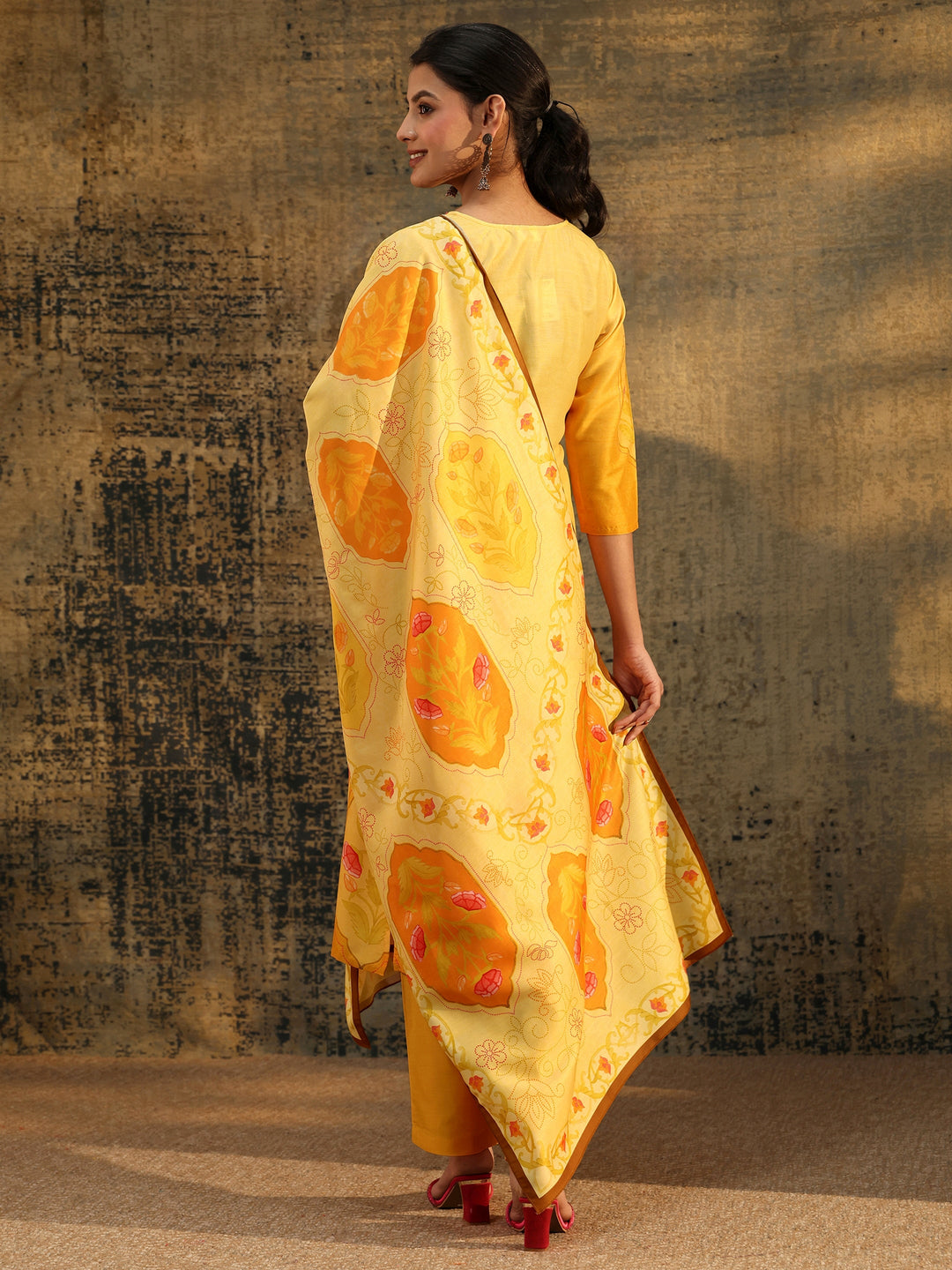 Libas Mustard Floral Printed Muslin Straight Suit Set 