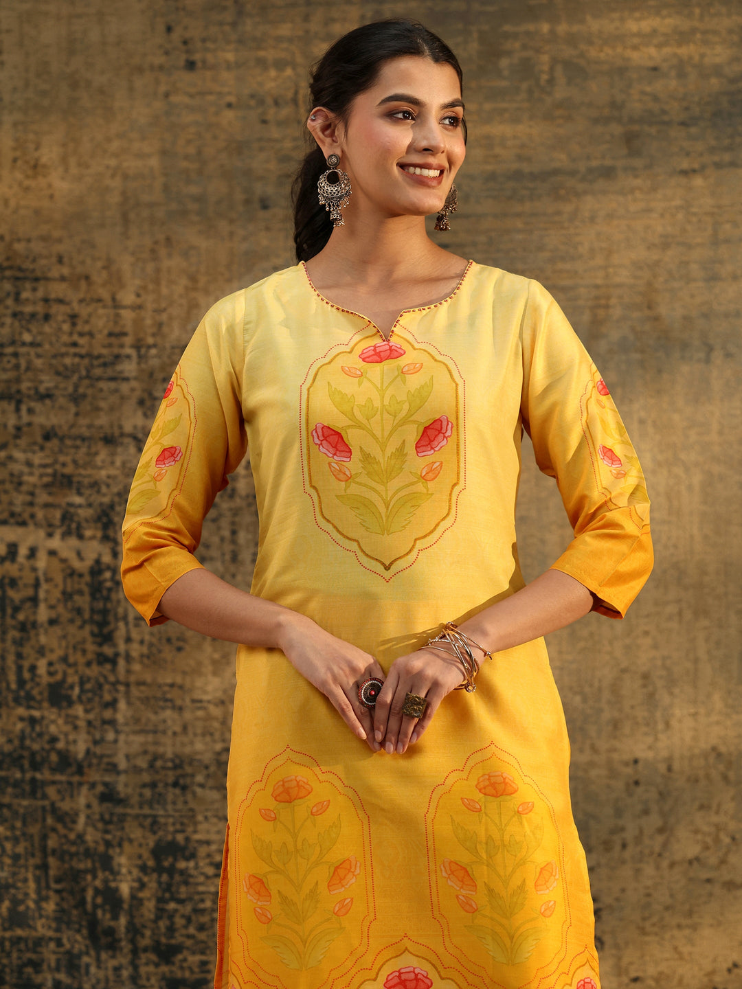  Libas Mustard Floral Printed Muslin Straight Suit Set 