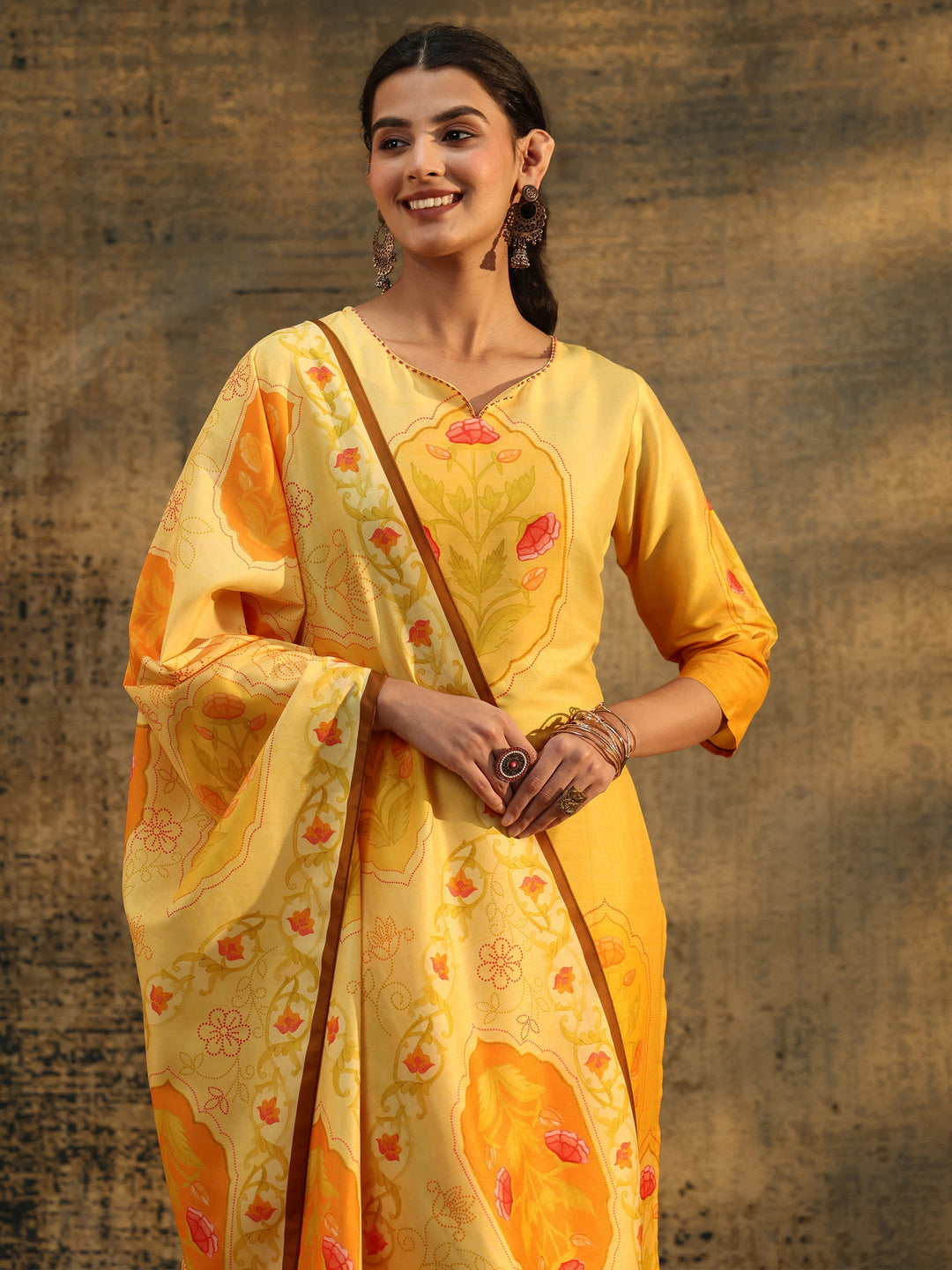  Libas Mustard Floral Printed Muslin Straight Suit Set 