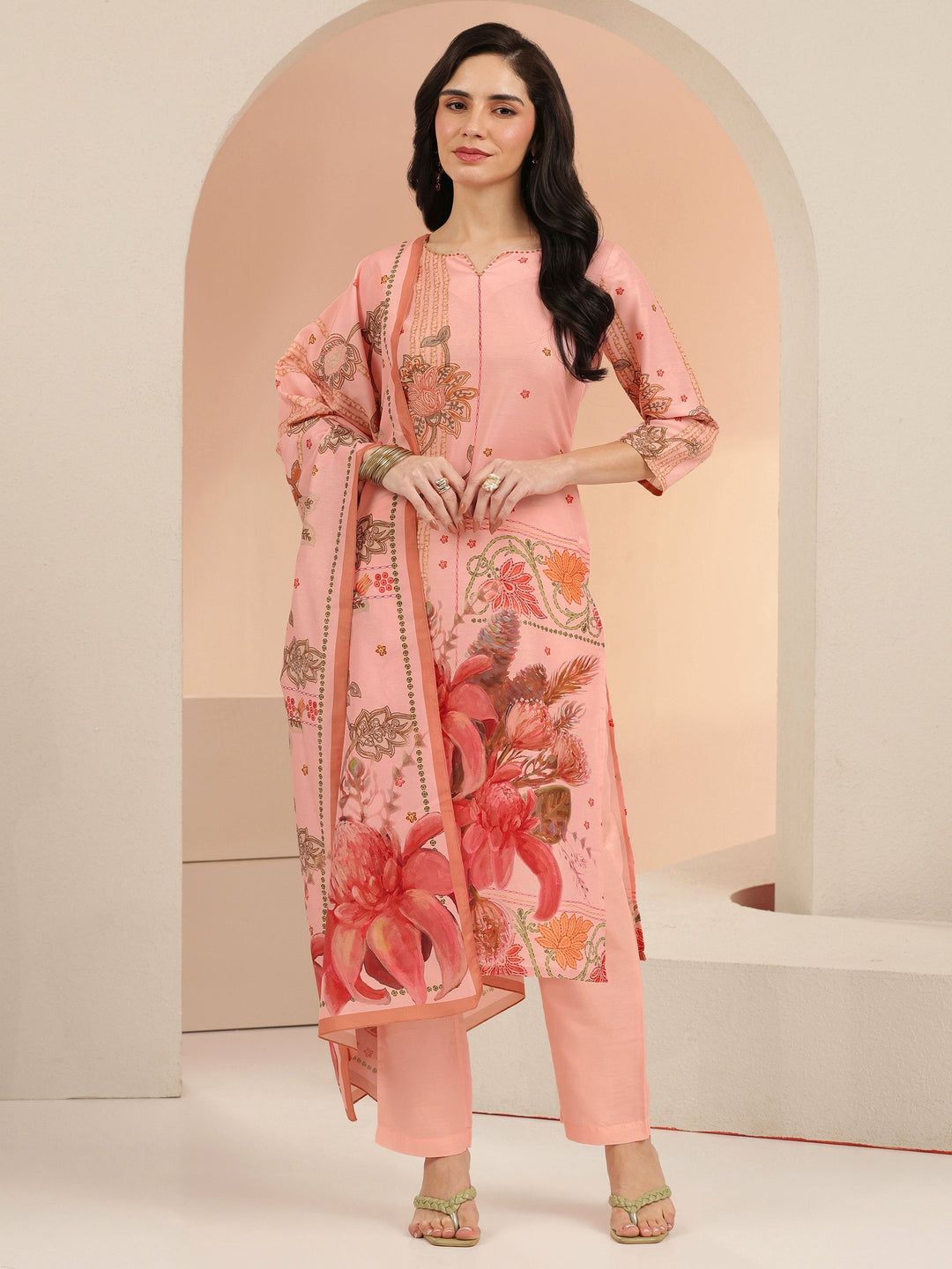  Libas Peach Pink Floral Printed Muslin Straight Suit Set 