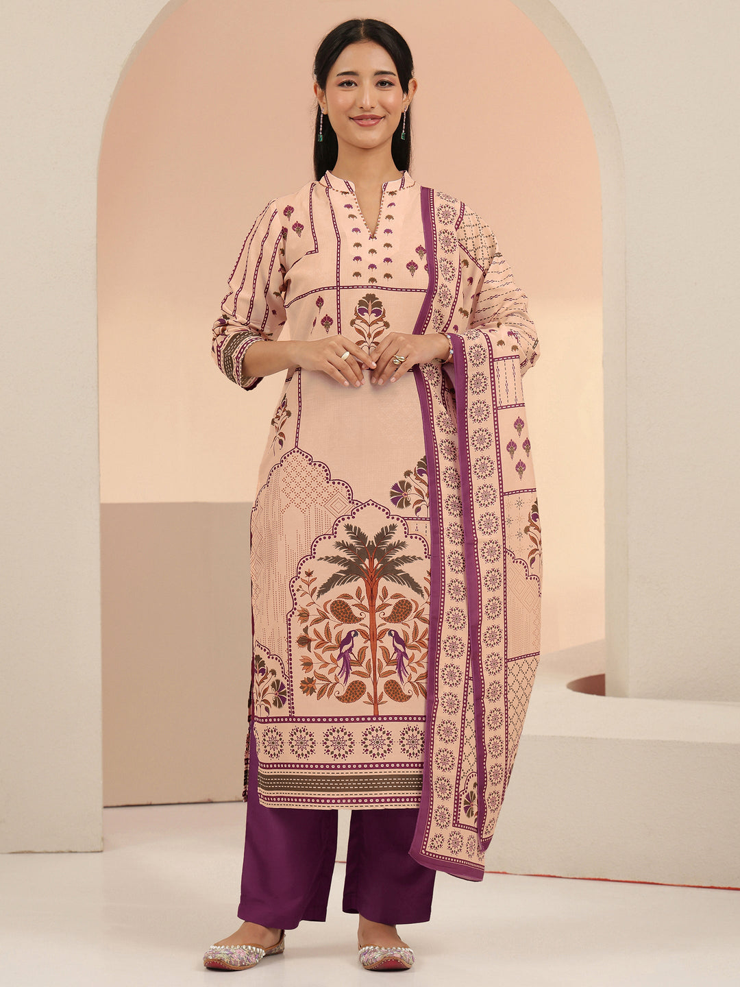  Libas Beige Mughal Floral Printed Muslin Straight Suit Set 