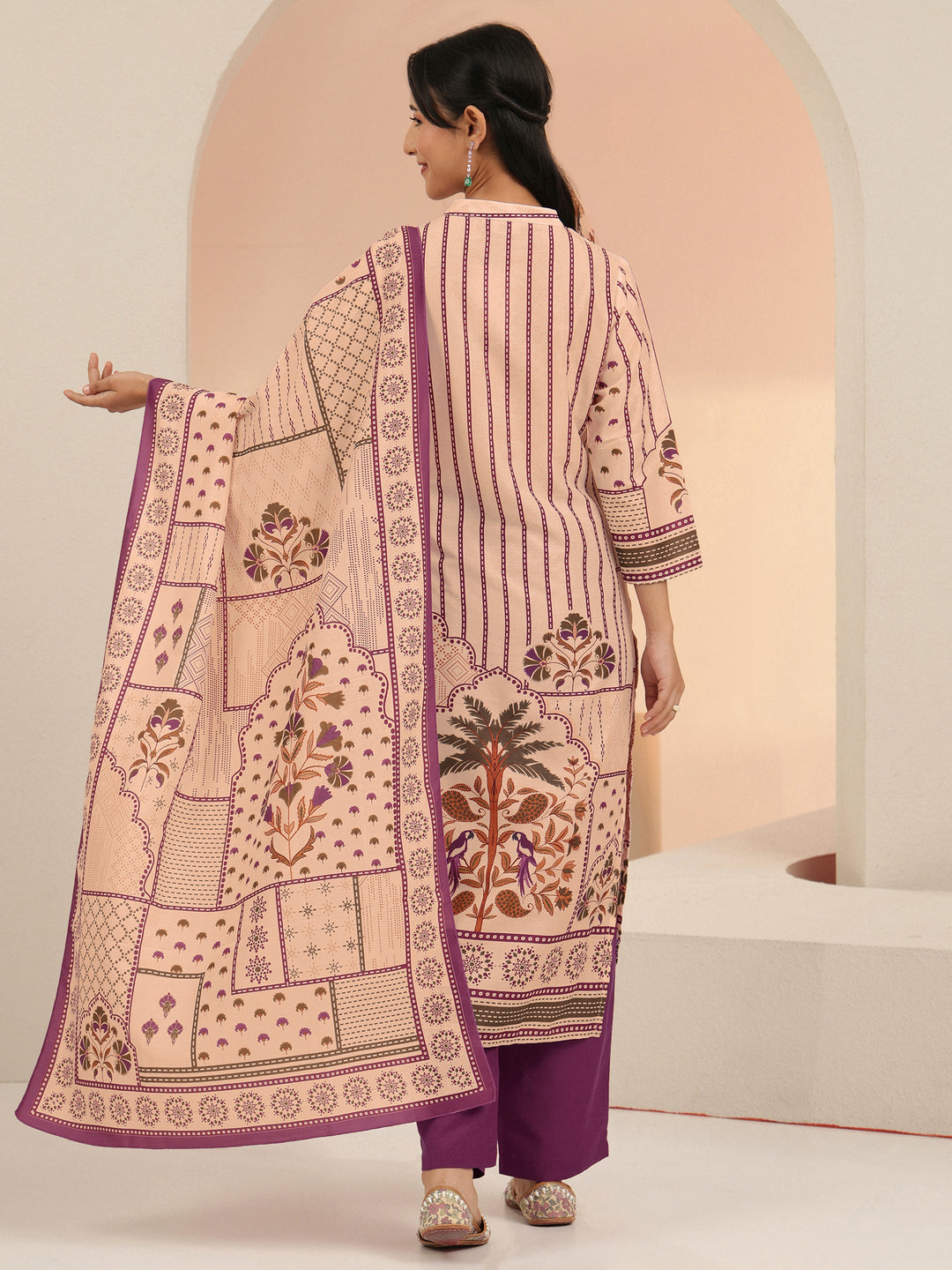  Libas Beige Mughal Floral Printed Muslin Straight Suit Set 