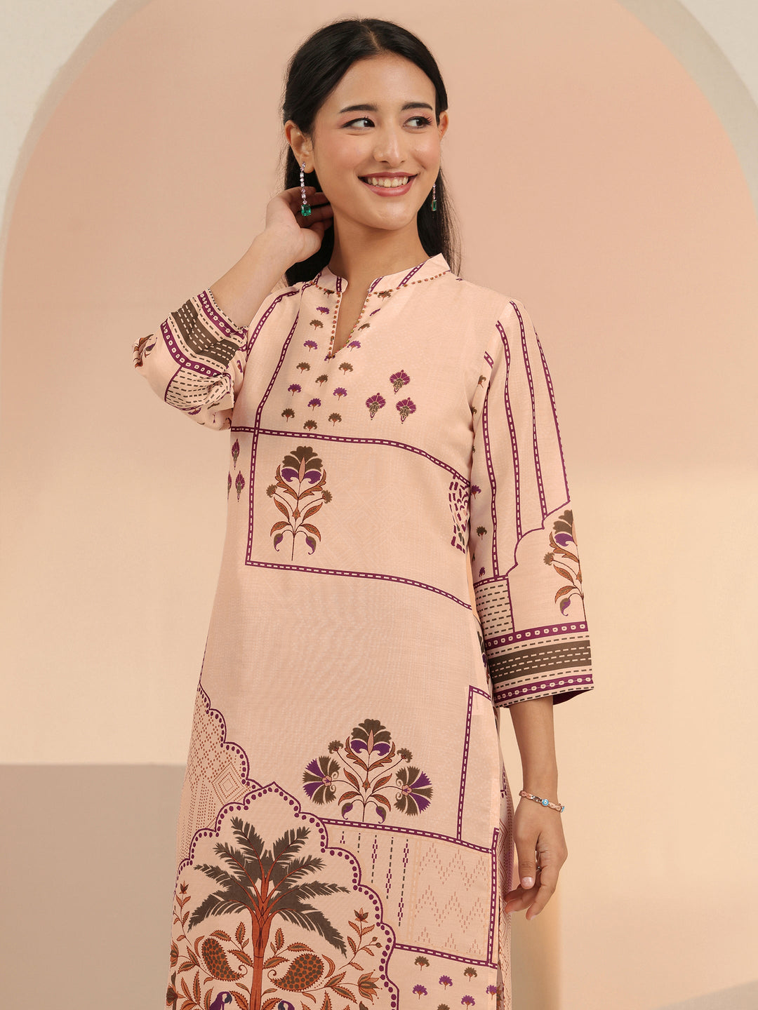  Libas Beige Mughal Floral Printed Muslin Straight Suit Set 