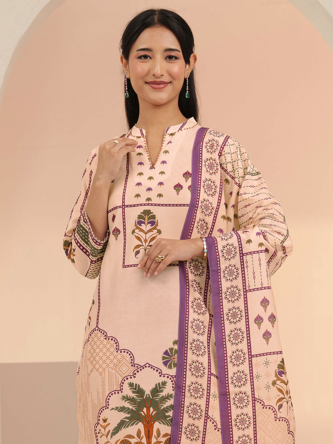  Libas Beige Mughal Floral Printed Muslin Straight Suit Set 