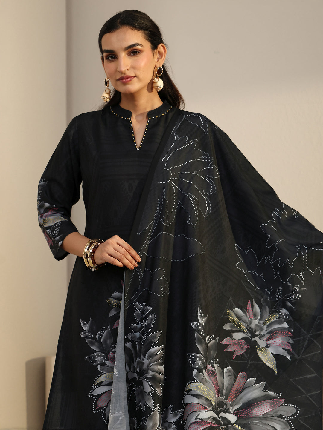  Libas Black Floral Printed Muslin Straight Suit Set 