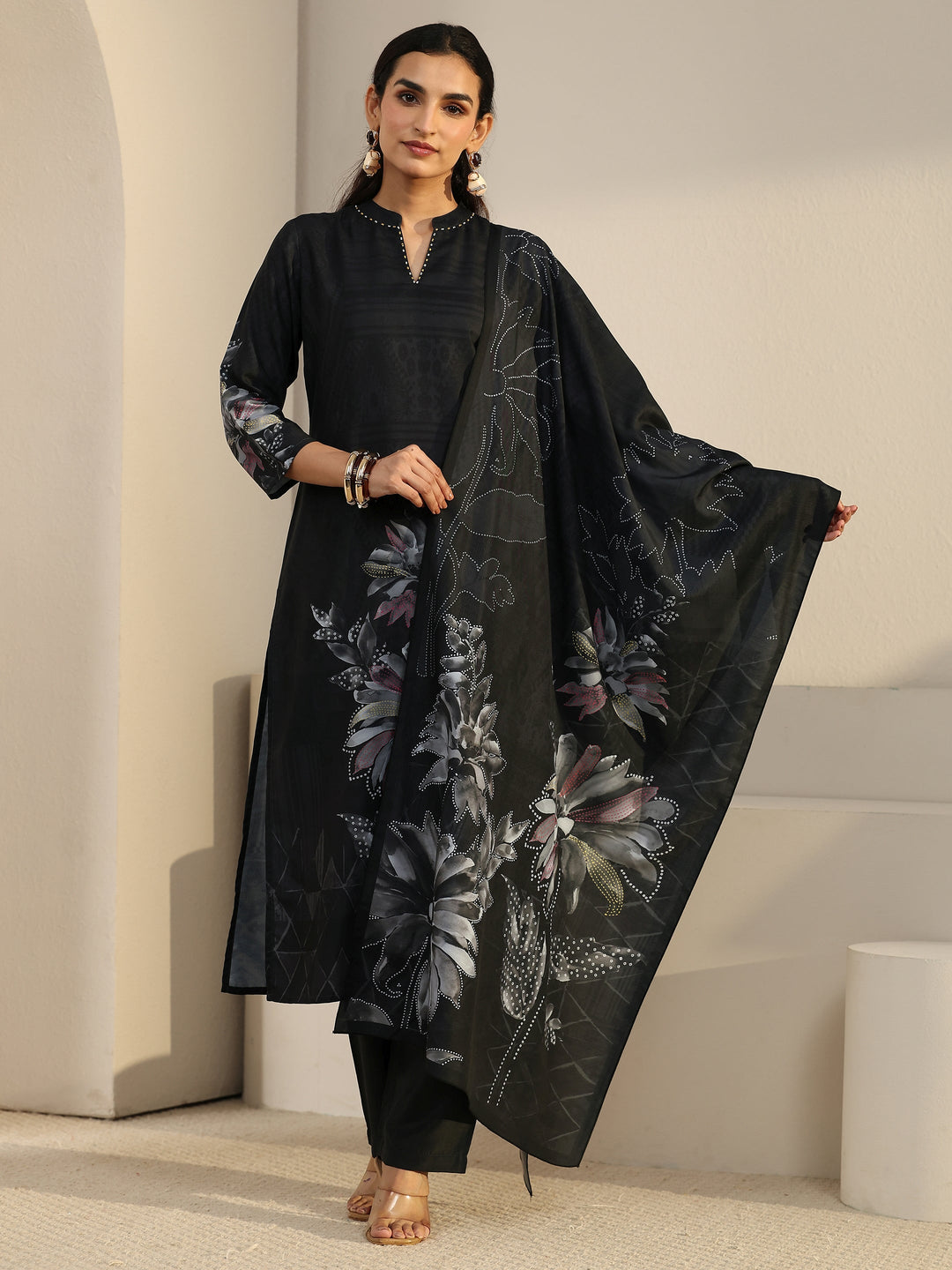  Libas Black Floral Printed Muslin Straight Suit Set 