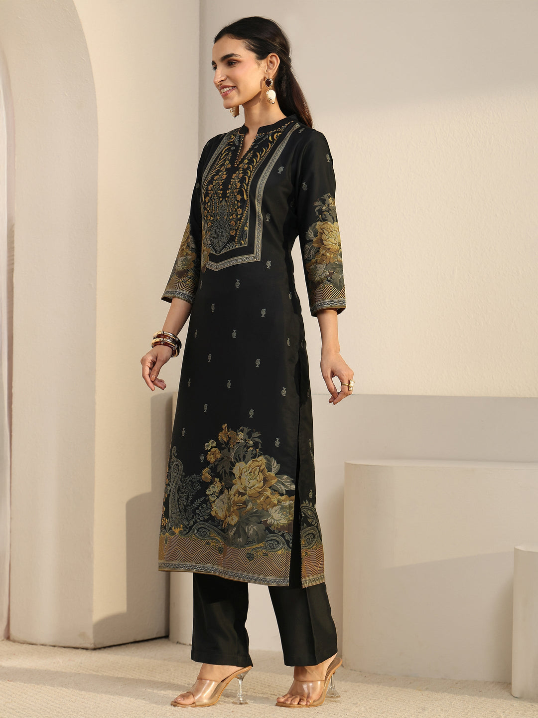  Libas Black Floral Printed Muslin Straight Suit Set 