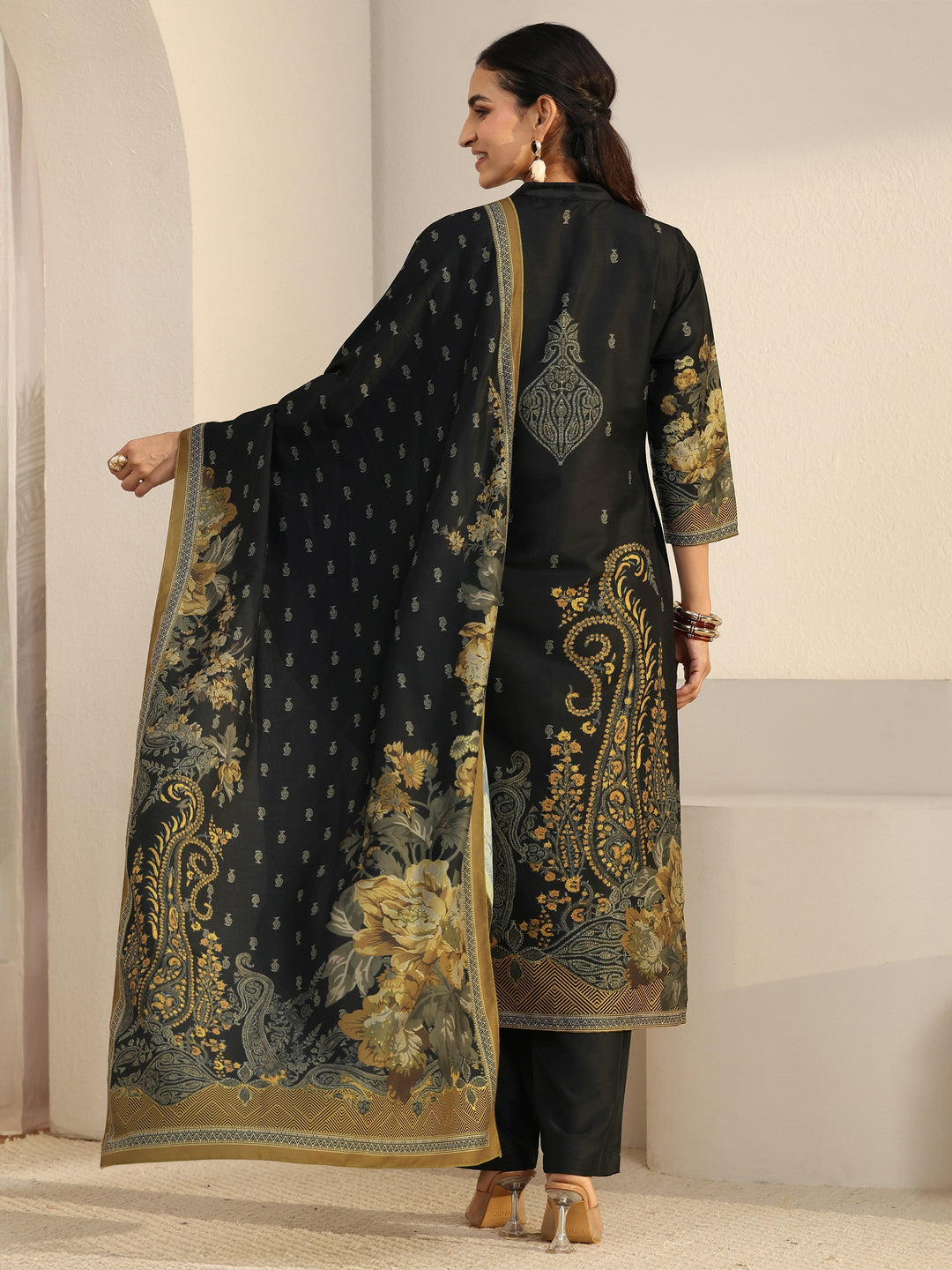  Libas Black Floral Printed Muslin Straight Suit Set 