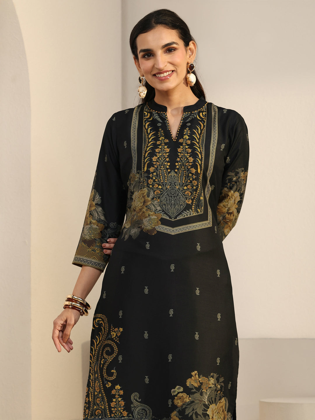  Libas Black Floral Printed Muslin Straight Suit Set 